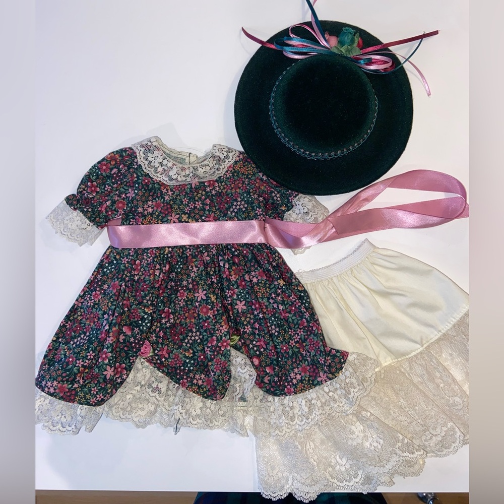 American Girl doll floral dress with lace petticoat and green hat